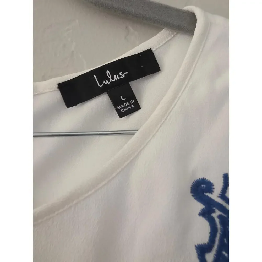 Lulus White Blue Embroidered Dress Coastal Mediterranean Tunic Shift Size L